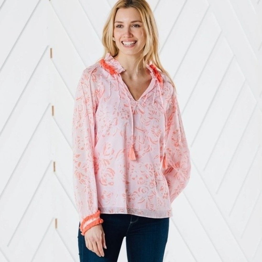 Sail To Sable Floral Coral Toile Ruffle Neck Top